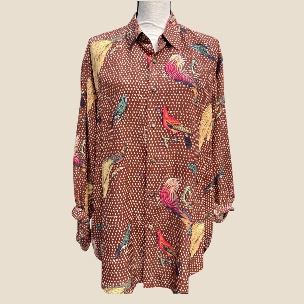 Go Silk Womens 100% Silk Tropical Bird Print Button Down Blouse Brown Size 3